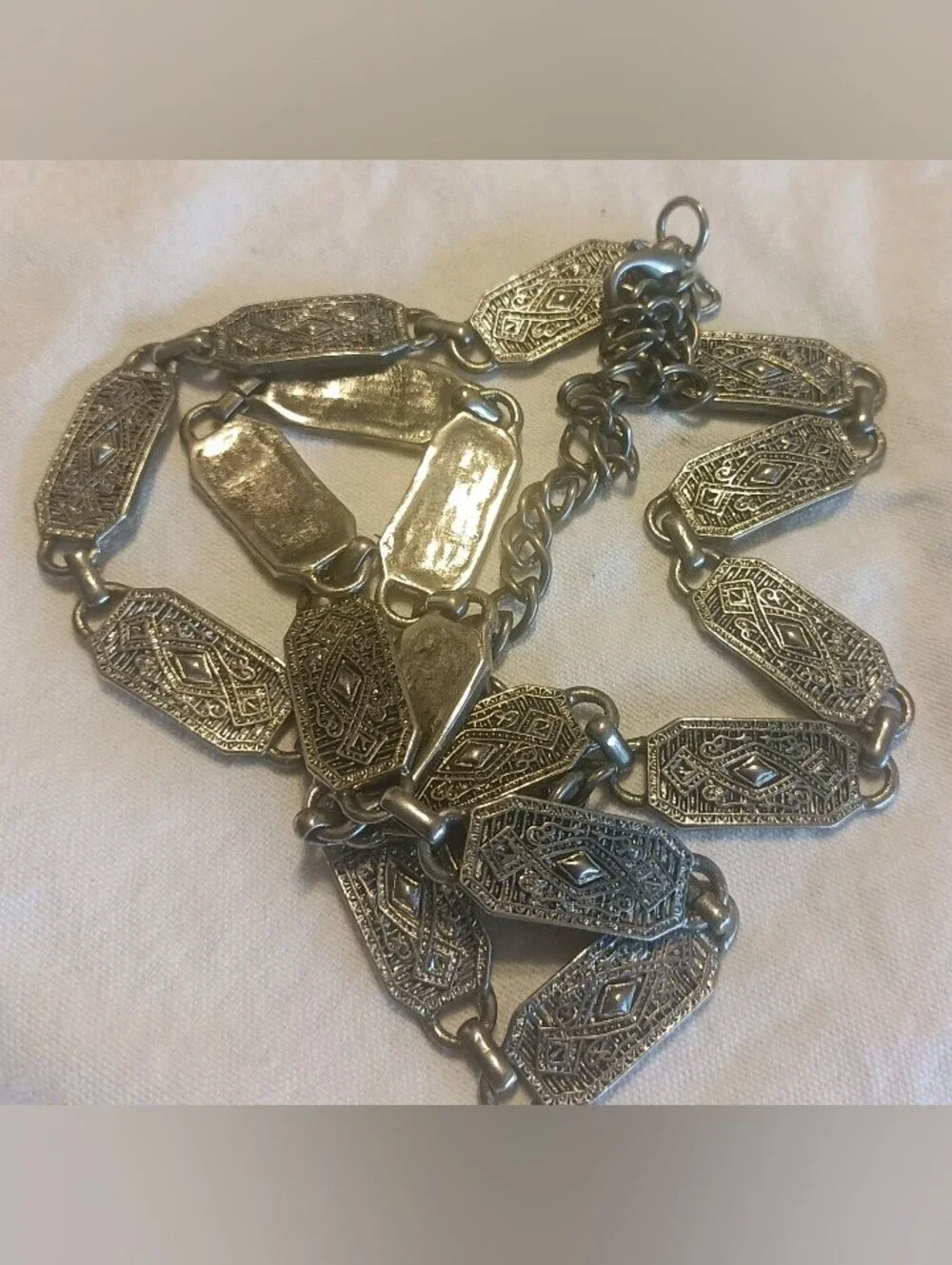 Antique-Style Silver Tone Filigree Link Belt